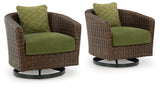 Side view of Horizon Hall brown and green outdoor swivel lounge chair with cushion