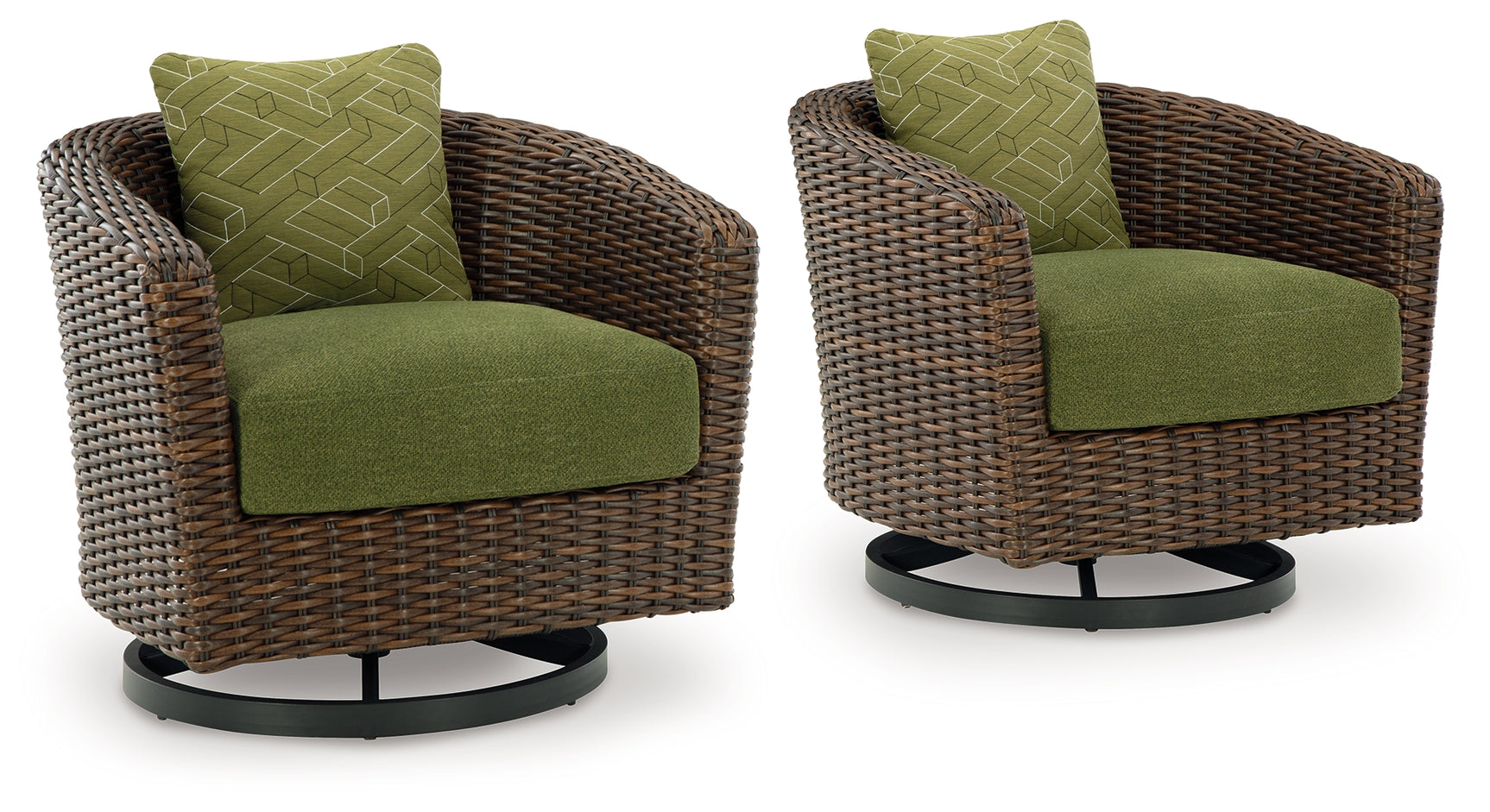 Side view of Horizon Hall brown and green outdoor swivel lounge chair with cushion