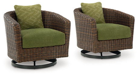 Side view of Horizon Hall brown and green outdoor swivel lounge chair with cushion