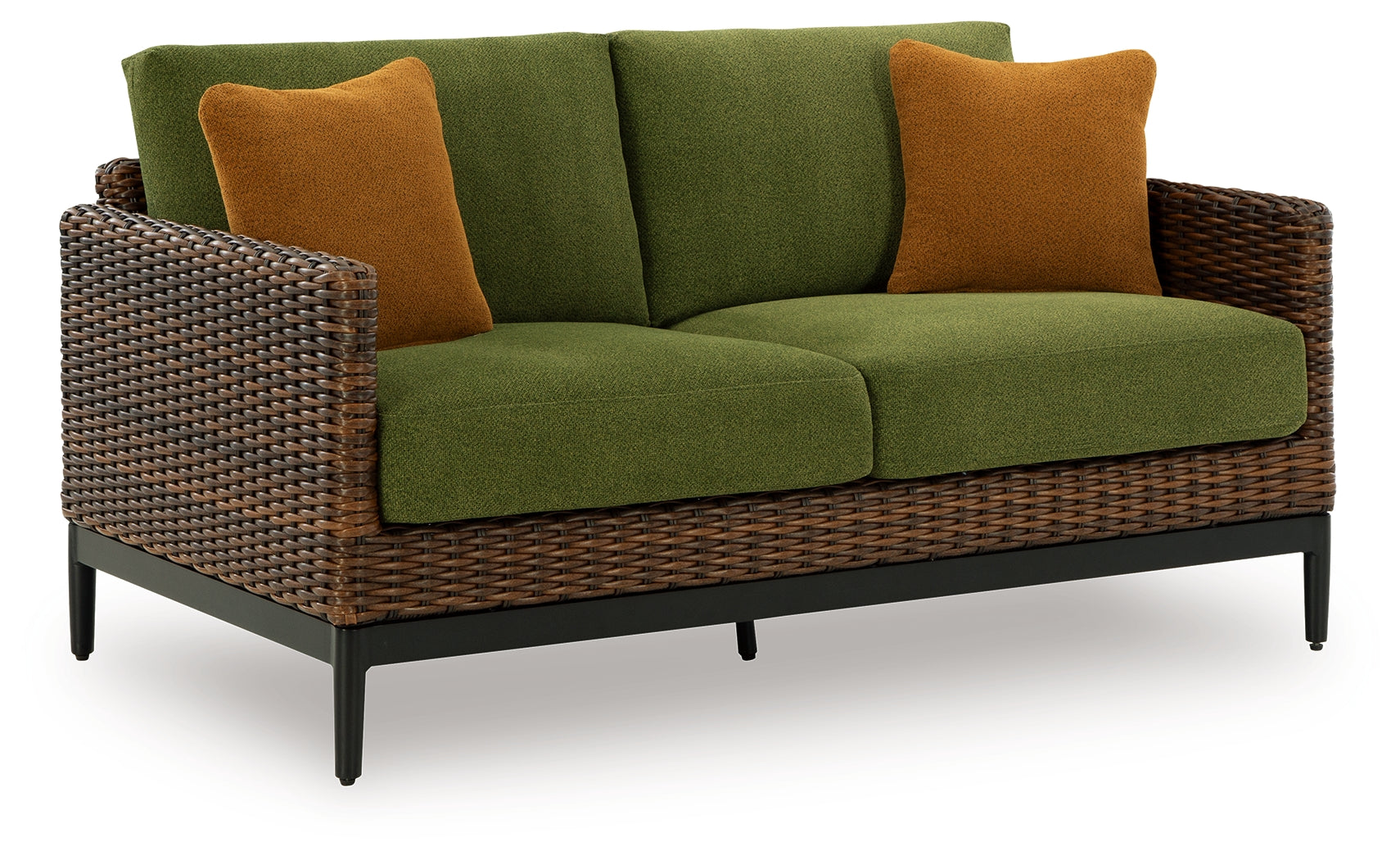 Outdoor loveseat with brown wicker and green cushions side view
