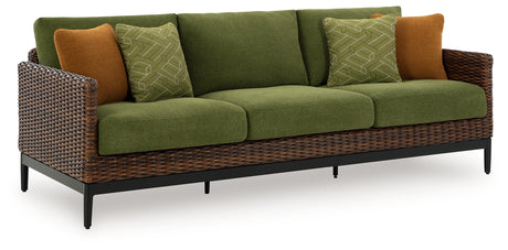 Horizon outdoor coffee table with brown frame and glass top