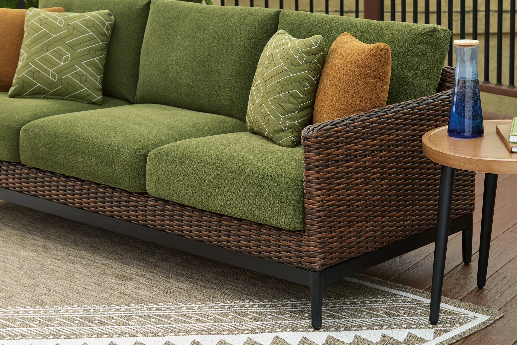 Close-up of resin wicker and cushion fabric