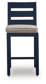 East Beach navy blue outdoor counter height bar stool footrest detail