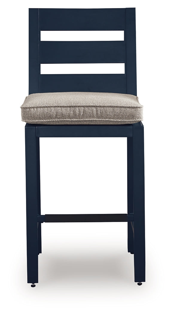 East Beach navy blue outdoor counter height bar stool footrest detail