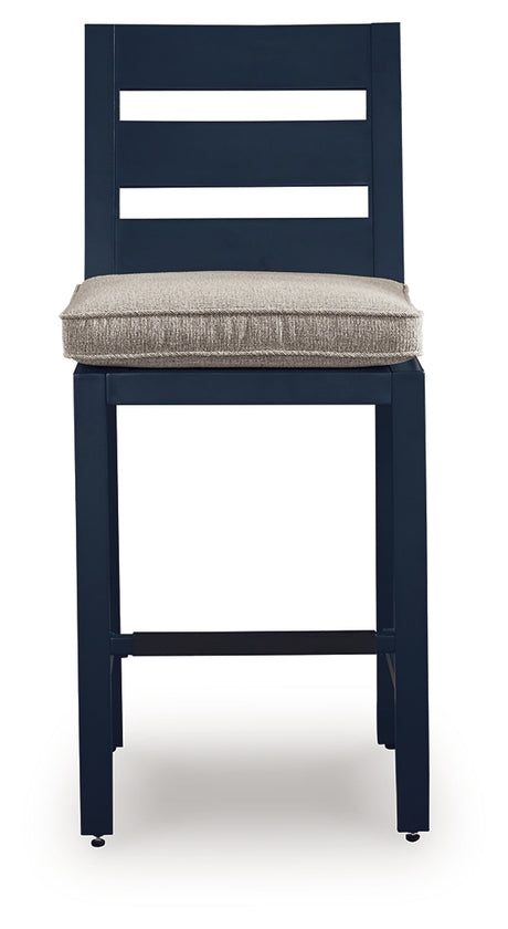 East Beach navy blue outdoor counter height bar stool footrest detail