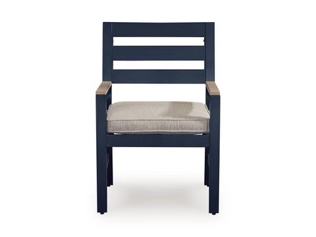 Detail of chair back slats in navy blue