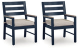 Side angle of East Beach outdoor arm chair showing cushion and driftwood-look arms