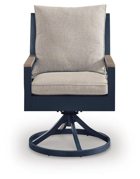 Side angle of outdoor dining chair in navy blue