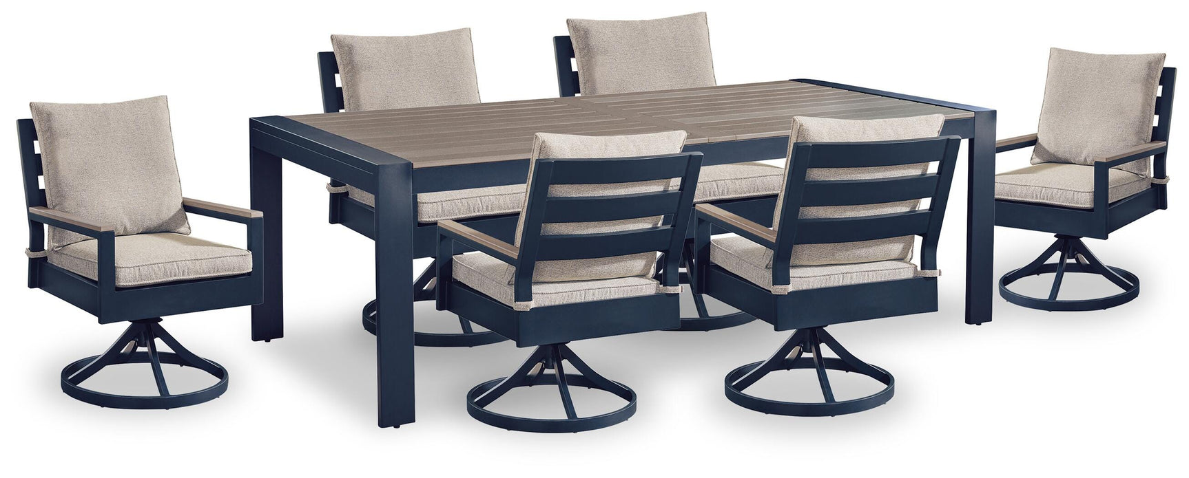 Outdoor dining table corner angle in navy blue and driftwood finish