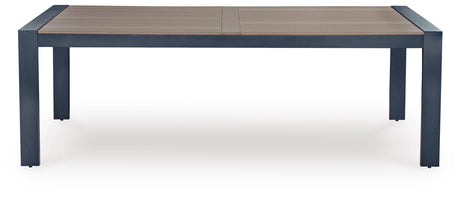 Detail of chair armrest and navy blue frame
