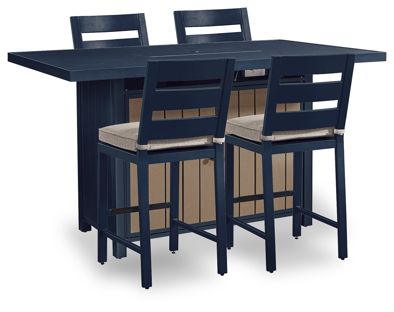 Fire pit bar table corner angle with navy blue finish