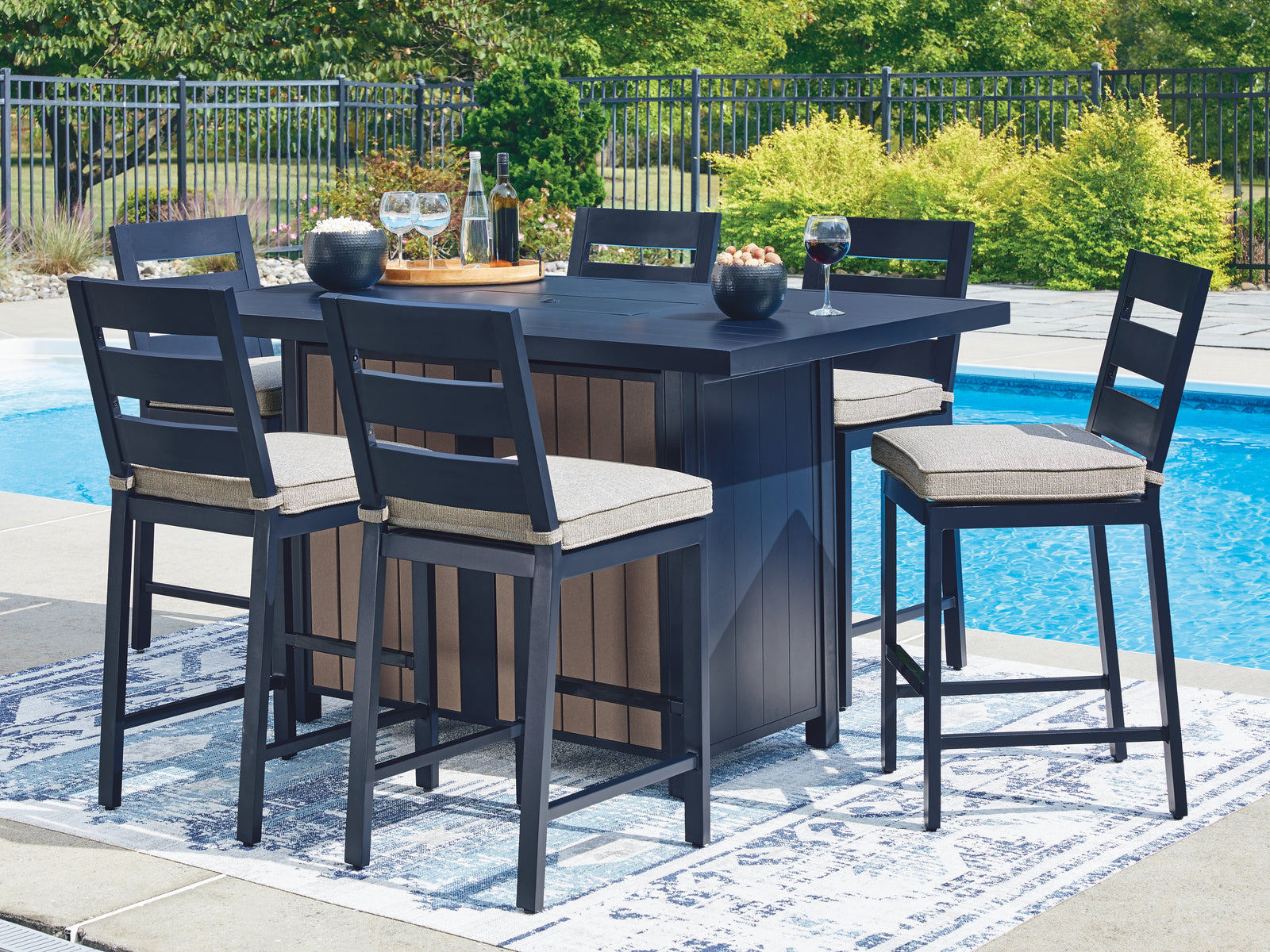 East Navy Blue/Driftwood Beach Outdoor Fire Pit Table and 6 Barstools