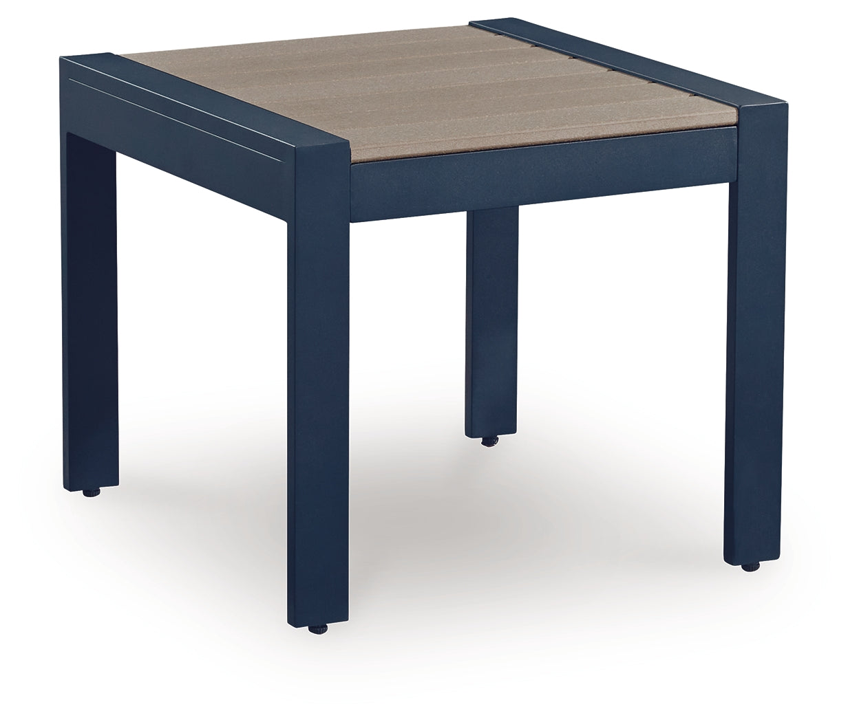 East Beach Outdoor End Table front view showing navy blue frame and wood-look top