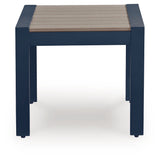 Close-up of wood-look driftwood top and navy blue aluminum frame