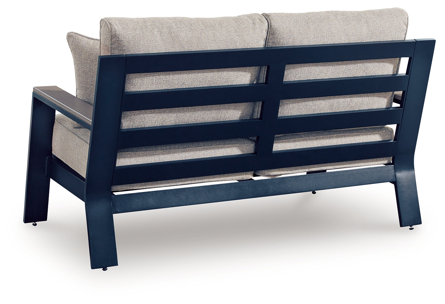 Outdoor sofa, loveseat, and coffee table set in navy blue and driftwood finish