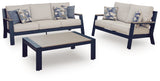 Side angle of navy blue fabric outdoor sofa