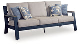 Outdoor sofa, loveseat, and coffee table set in navy blue and driftwood finish