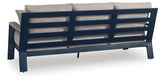 Outdoor sofa, loveseat, and coffee table set in navy blue and driftwood finish