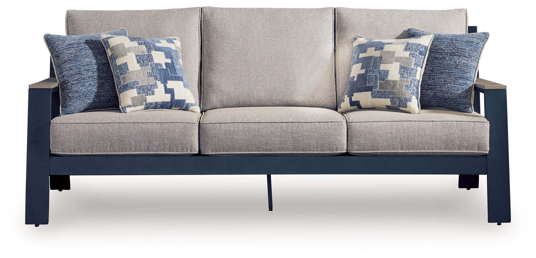 Outdoor sofa, loveseat, and coffee table set in navy blue and driftwood finish
