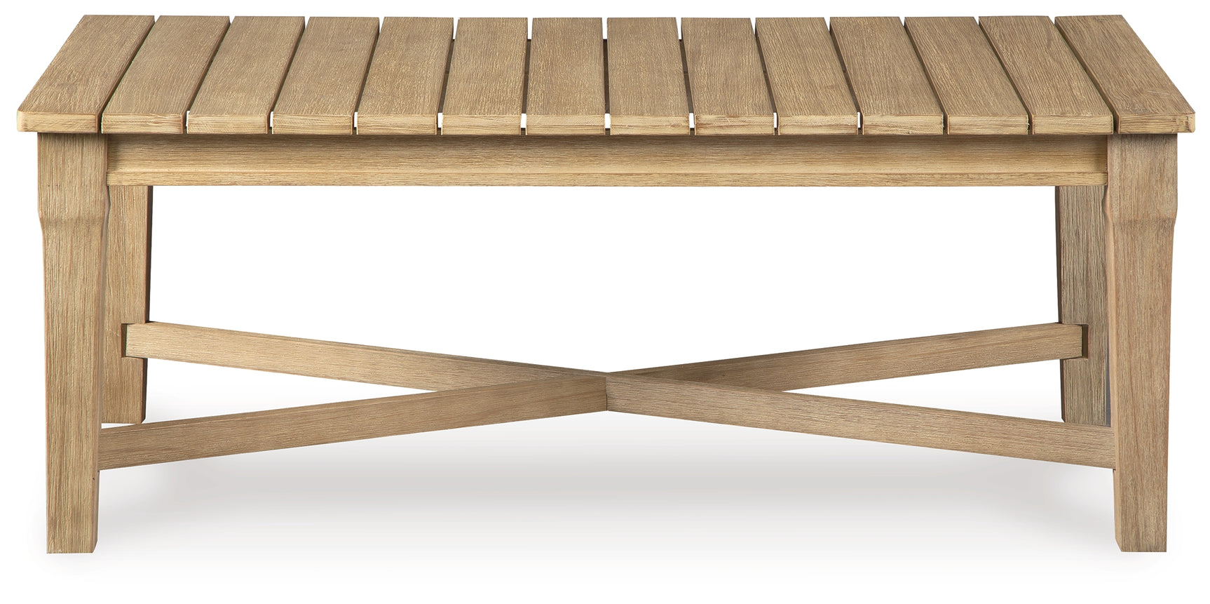 Close-up of eucalyptus wood tabletop and beige finish of Carter Hall table