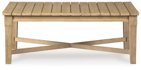 Head-on view of beige outdoor sofa