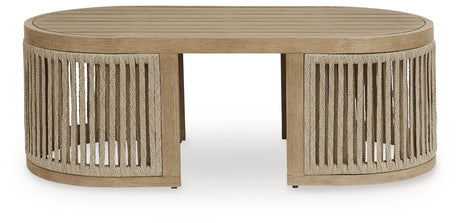 Serena Shores beige outdoor coffee table head-on view