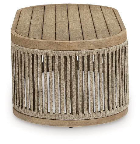 Serena Shores beige outdoor coffee table side view