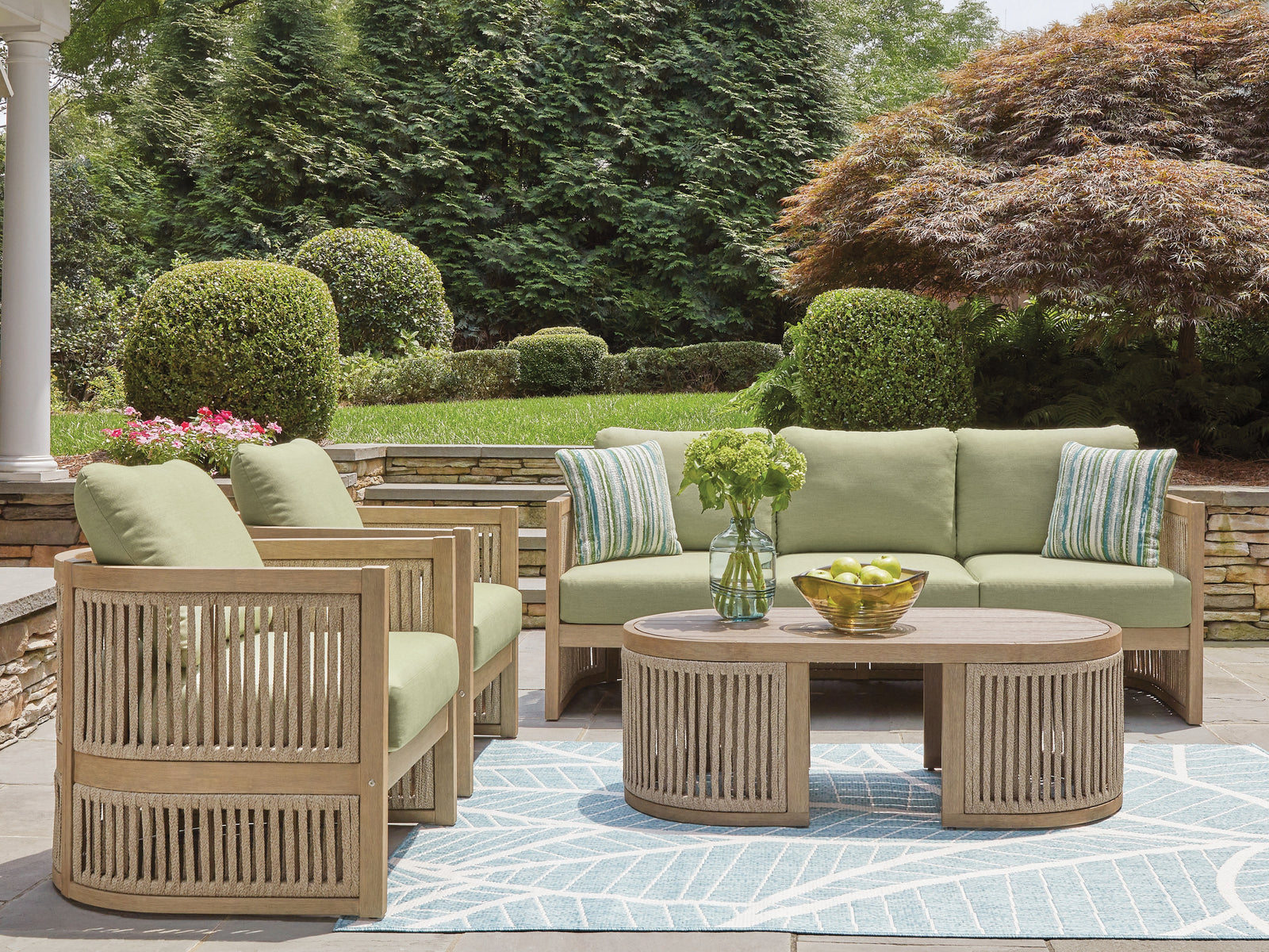 Serena Beige/Green Shores Outdoor Sofa and 2 Chairs with Coffee Table