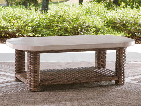 Close-up of Dolan Creek Outdoor Coffee Table wicker detail