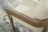 Serene Bay outdoor dining arm chair set of 2 with dark brown wood-look frames and white cushions