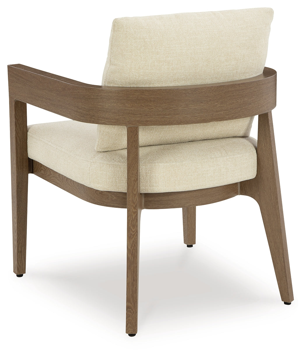 Serene Bay outdoor dining arm chair set of 2 with dark brown wood-look frames and white cushions