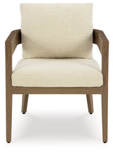 Close-up of cushion fabric on Serene Bay outdoor dining arm chair