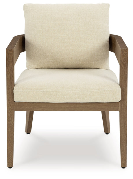 Close-up of cushion fabric on Serene Bay outdoor dining arm chair