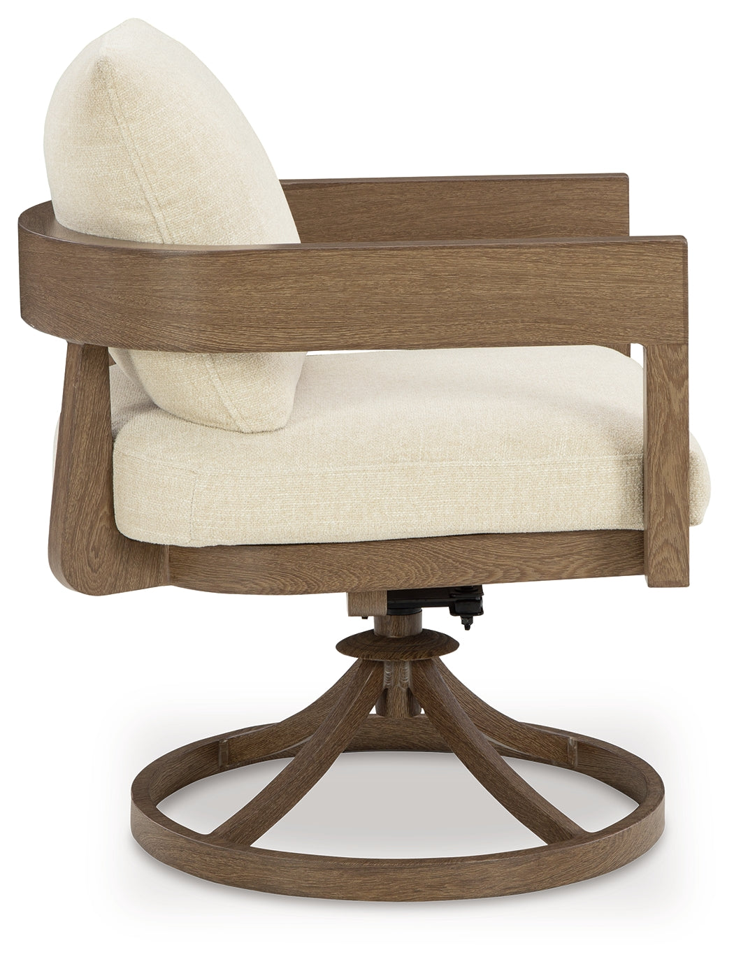 Back view showing wood-look powder-coated aluminum frame of Serene Bay outdoor swivel chair