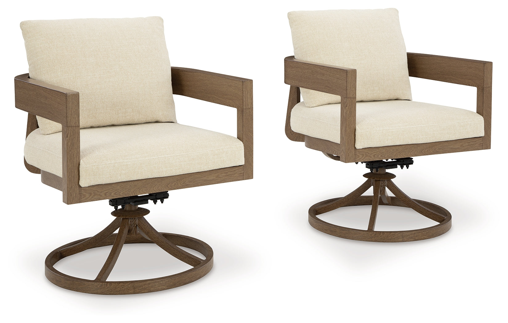 Side view of Serene Bay outdoor swivel dining chair showing swivel mechanism and cushion