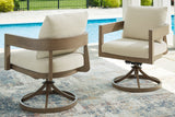 Serene Bay outdoor swivel dining chair angled view highlighting metal frame and cushion comfort
