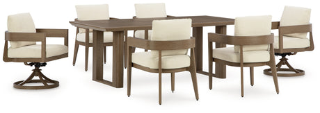 Outdoor dining table with 6 chairs set in patio environment