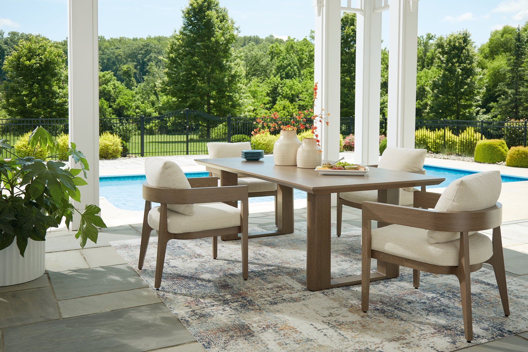 Serene Dark Brown Bay Outdoor Dining Table and 4 Cushioned Chairs