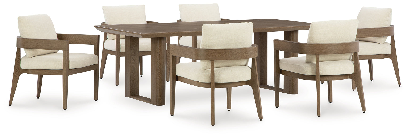 Close-up of plush cushions on curved outdoor dining chairs