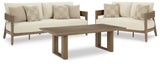 Outdoor coffee table with dark brown wood-like finish, top view