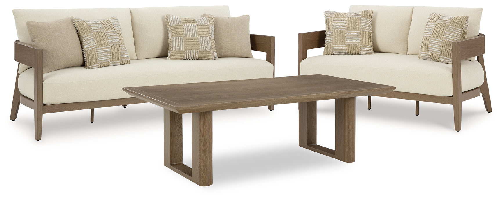 Outdoor coffee table with dark brown wood-like finish, top view