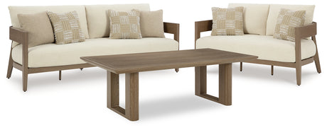 Outdoor coffee table with dark brown wood-like finish, top view