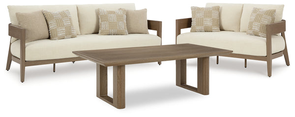 Outdoor coffee table with dark brown wood-like finish, top view