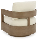 Overhead view of dark brown and white swivel glider chair