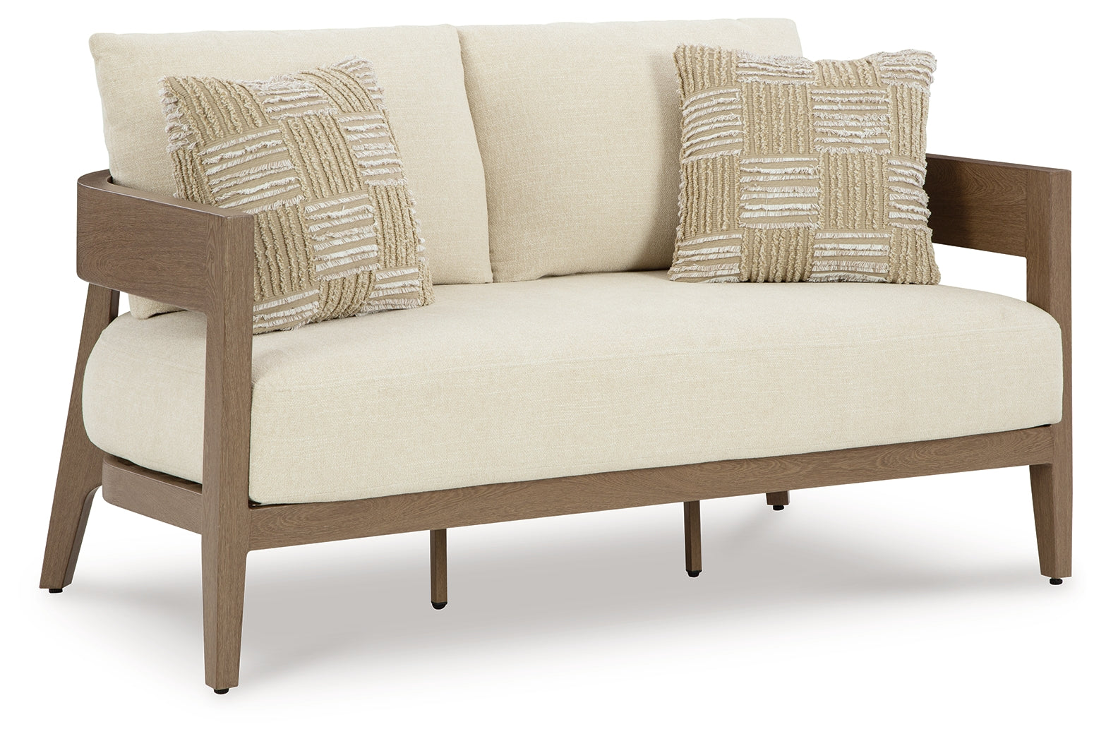 Serene Bay loveseat angled side view showing curved armrest