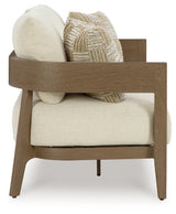 Serene Bay loveseat side profile highlighting wood-look frame