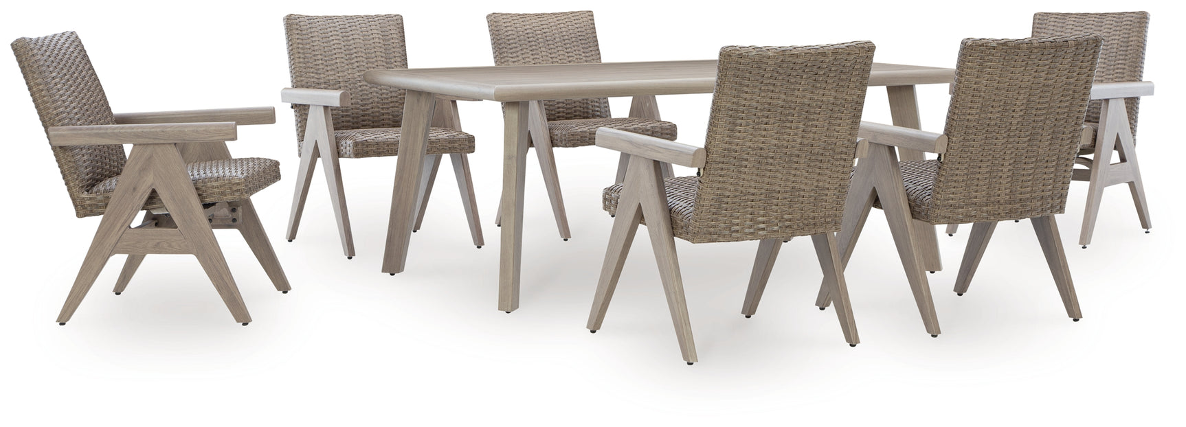 Angle view of beige resin wicker chair with cushion
