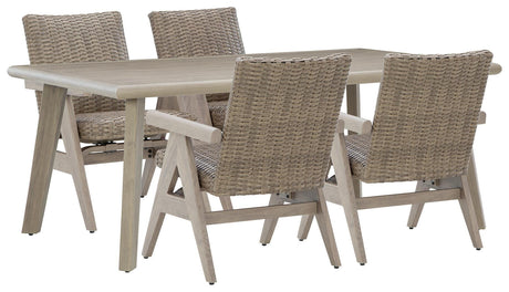 Outdoor dining chair with beige resin wicker and quick-dry cushion