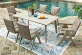 Outdoor dining table detail showing wood-look top
