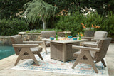 Nighttime view of fire pit table with glowing flame